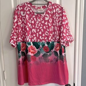 Southern stitch Pink and Green Floral Print Top